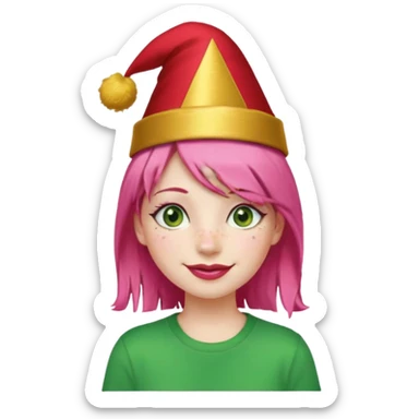Create a girl with pink hair and green eyes with long eyelashes and a smiley face. She has freckles in her face and a lit of bit of lipstick on her mouth, she’s also got gold birthday hat on her head with gold pom poms on top of it, and her T-shirt is red sticker