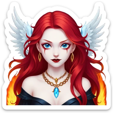 half body portrait of an extremely diabolical girl with pale white skin, massive towering wings, very long flowing blood red hair, glowing blue eyes, black hellfire aura, no horns, evil grin, gold necklace sticker