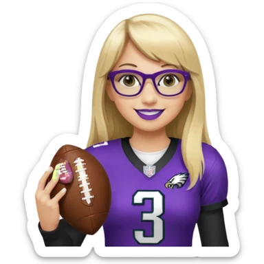 full length women wearing eagles uniform, long blonde hair, blunt bangs, black glasses, holding football, number 33, smiling, purple lipstick sticker