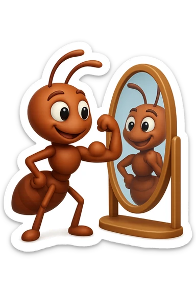 EMOJI STILE IPHONE 3D DI una formica che si guarda allo specchio felice e sicura di sè mentre contrae il suo bicipite muscoloso, fagli anche la parte bianca degli OCCHI, non solo la pupilla sticker