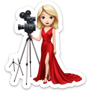an actress standing on a red carpet with a formal dress, with only one movie camera on a tripod next to her. sticker