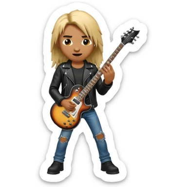 3D Apple-style emoji of a metal musician. Long hair, black leather jacket, ripped jeans, holding an electric guitar. Intense expression, glossy, rounded, smooth, soft shadows, white background.










 sticker