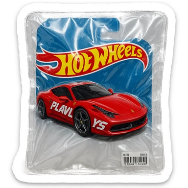 Hot Wheels blister pack with red Ferrari, 'PLAVLEYS' in bold slanted racing letters on the car, shiny and inflated vacuum-sealed style sticker