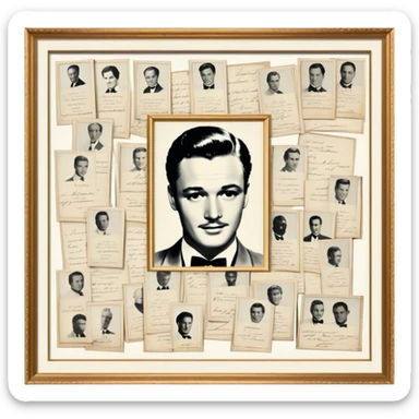 Icon for Autograph Collecting: several vintage framed with signatures of famous celebrities sheets stacked one on top of the other, each . The icon should evoke the charm and history of collecting autographs. Transparent background. sticker