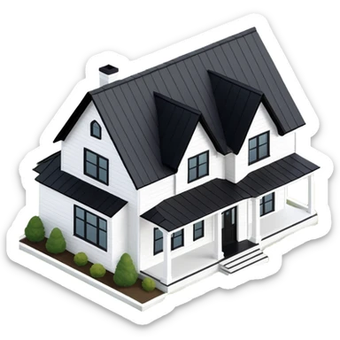 isometric exterior modern farmhouse, 3d realistic, white with black trim sticker
