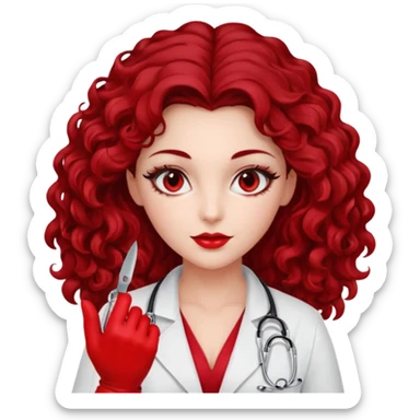 Lilith scalpel in hand, evil surgeon red outfit.  She has red eyes. She has dark brown long curly hair. Wears sexy doctor outfit with red gloves sticker