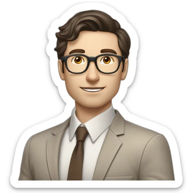 Pale skinned fit man with dark brown hair in gray jacket, beige office shirt, brown tie, brown pants and vintage glasses Writing on the flipchart sticker