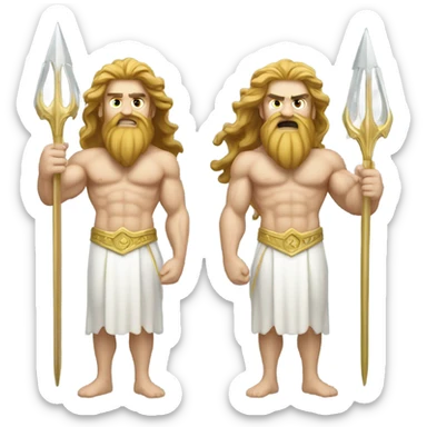 white Poseidon with gold Trident. long hair white dress. show biceps sticker