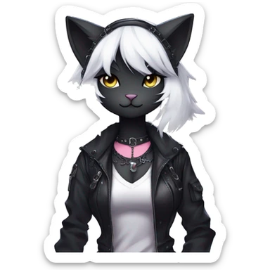 Gorgeous furry gothic dark techwear anime style anthro black cat furry sona Fakemon with blushing face aesthetic and pretty edgy black with collar and harness trending style sticker