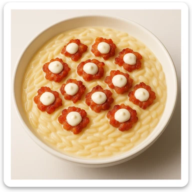 A plate of risoni, topped with small pieces of bacon with cream on top of the bacon. sticker