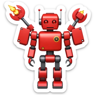 A red robot with 2 bomb weapon on his arms, he has a blocky body and a round red head sticker