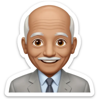 70 yr old indian man, almost bald, some white hair, light grey business suit, big smile, dark brown skin, no moustache, dark brown eyes
 sticker