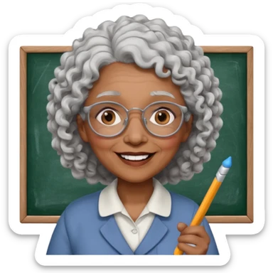 old woman teacher, brown skin, curly grey white hai, wearing glasses, hold chalk on hand sticker