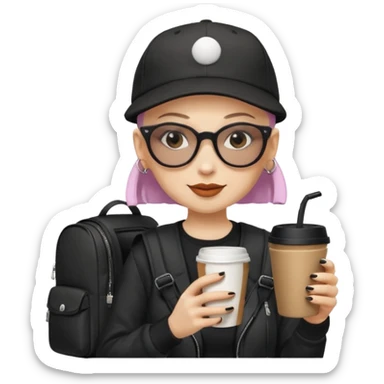 ["A happy woman with light skin, bald, wearing a baseball cap and sunglasses, dressed in goth fashion, is drinking coffee while holding a backpack."] sticker