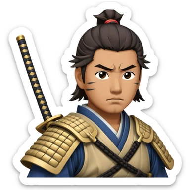 Cinematic Realistic Samurai Pop Culture Emoji, depicted with a noble, stoic portrayal of a samurai warrior rendered with crisp detail and dramatic, traditional lighting. sticker