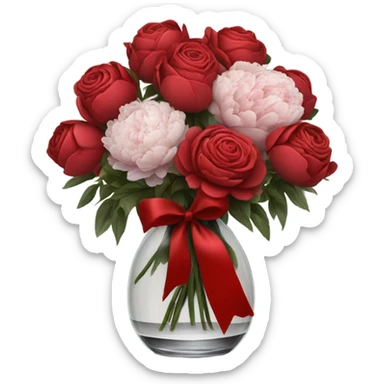 red and black bouquet of roses and peonies tied with a red ribbon in a glass vase sticker