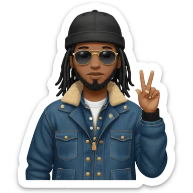 African American man with shoulder length black dreadlocks wearing black sunglasses with black bubble winter coat wearing a New York Yankees baseball hat wearing denim skinny jeans and timberland boots with finger pointing to his head sticker