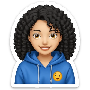 A women with a black curly hair who wear a hoodie and that hoodie have a some smorf sticker
