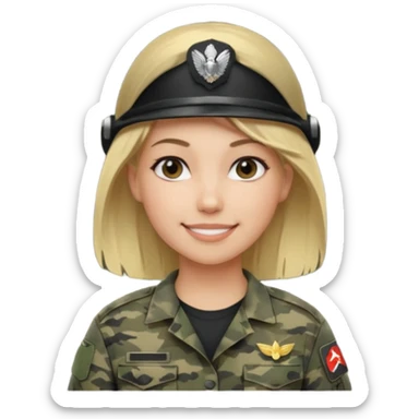 Apple-style emoji: female soldier, bust, no cap/helmet, friendly smile, generic camo top,  black color blonde hair sticker