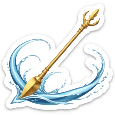 Golden three-pronged spear, water swirling around it, symbol of the sea. sticker