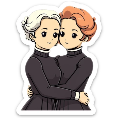 Two Victorian women with light eyes, one with bright white coiffed hair and one with dark copper coiffed hair, wearing Victorian turtleneck dresses, embracing each other in a sad, intimate hug sticker