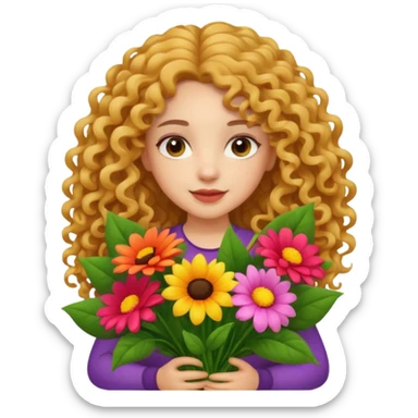 light skinned long curly haired girl holding big bright bunch of flowers. White background. sticker