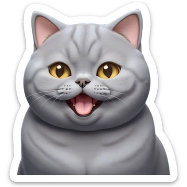 Cinematic Cute Chubby Grey British Shorthair Cat Portrait Emoji, Head tilted playfully and yawning, round and plump body with sleek soft grey fur and subtle blue undertones, Simplified yet adorable features, highly detailed, glowing with a warm, friendly glow, high shine, curious yet calm, stylized with a touch of whimsy, bright and endearing, soft glowing outline, capturing the essence of a mischievous yet loving and lazy kitty, so cute it feels like it could stretch out of the screen and cuddle! sticker