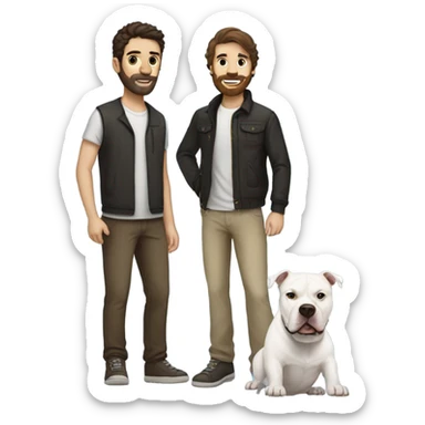 white male with dark brown hair and a lightly scruffy beard shadow standing alongside a white pitbull sticker