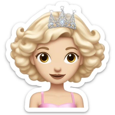 white girl with blonde hair and brown eyes wearing an elegant fluffy pink dress wearing a silver tiara holding a big wand in her hand surrounded by a bubble sticker