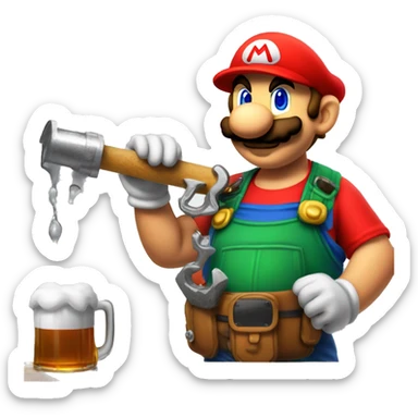 Mario plumber drinking beer with a shirt that reads “HOPE” with a pipe wrench logo sticker