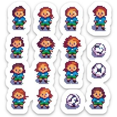 children playing soccer, joyful expressions, pixel art style sticker