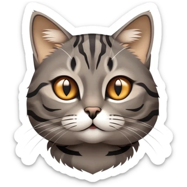 cinematic-cute-grey-and-black-brown-tabby-cat-portrait-emoji,-head-tilted-playfully-and-inquisitively,-sleek-grey-brown-fur-with-bold-black-tabby-stripes-and-a-distinctive-m-shaped-marking-on-the-forehead,-sparkling-amber-eyes,-simplified sticker