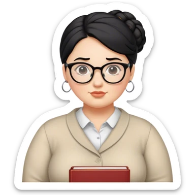 pale chubby female teacher with black hair in a updo bun, wearing glasses sticker