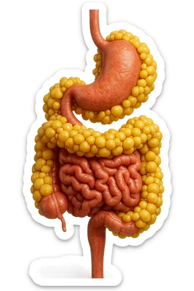 STOMACO E INTESTINO SONO VERTICALMENTE COLLEGATI E INTORNO A QUESTI ORGANI CI SONO CELLULE DI GRASSO GIALLE ATTACCATE SOPRA A GRAPPOLI, IPERREALISTICO 4K sticker