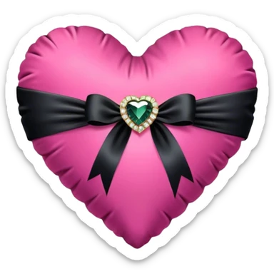 "A heart-shaped velvet cushion tied with a silky black ribbon and adorned with a sparkling gem centerpiece."
 sticker