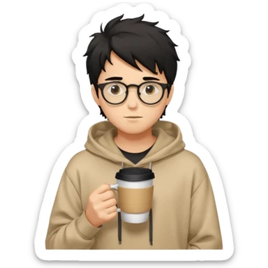a light tan handsome boy with messy a black hair and spectacles. wearing a beige oversized and loose hoodie with a coffee in hand sticker