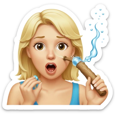 blond woman biting a wide stick with a D-shaped knob, both same color as her skin, knob with visible skin texture, water jet shooting from flat side of knob into her mouth, surprised look sticker
