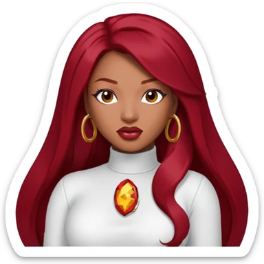 Megan Thee Stallion with long dark red hair, white outfit sticker