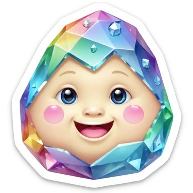 A single pastel rainbow crystal baby rock character, chubby and heavy with a chunky, irregular polygon shape,covered in faceted crystal planes and small chips, big glossy rainbow eyes and a small smiling mout sticker