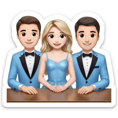 Sabrina carpenter in a light blue sparkly dress at a table with 3 handsome men, and she is standing up reaching over  sticker