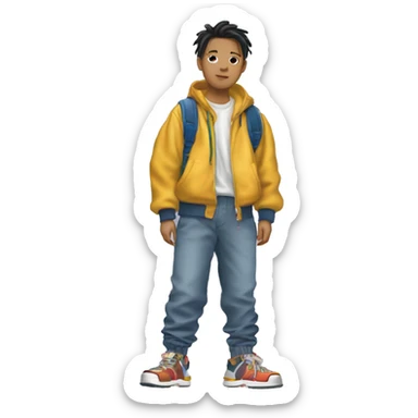 Japanese 2000s fashion on 4 boys, head to toe (wearing baggy clothes, and colourful clothing with a lot of accessories and platform shoes or sandals) sticker