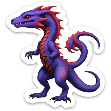Rare warm-colored exotic gloomy tropical edgy cute epic aesthetic spooky indigo purple white black red gothic colorful Salandit-charmeleon-sergal-species-Fakemon-hybrid-creature, with tribal tattoo markings, full body sticker