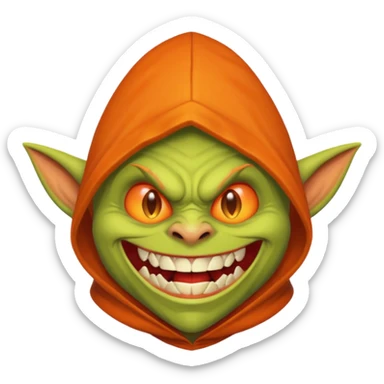 Hobgoblin-style goblin face emoji, orange hood, evil grin, sharp teeth, expressive Apple-style emoji sticker