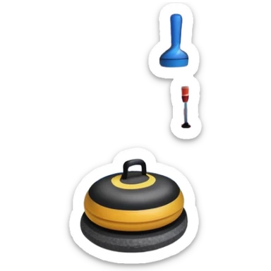 please, make An icon featuring the curling rink, with its distinctive circles and a vibrant crowd in the stands. Snowflakes fall outside the arena, and bright lights illuminate the ice. a close-up curling stone sliding across the ice, with a broom nearby. Transparent background. sticker