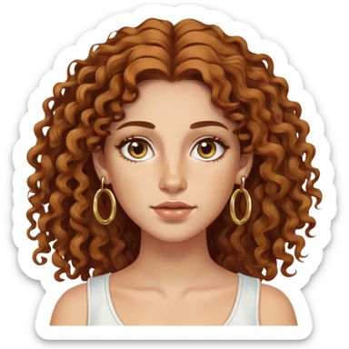 Attractive Greek woman with a wide face, freckles, long curly amber-brown hair and gold hoop earrings sticker