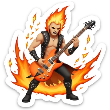 An icon showing a rock musician wielding a guitar in an epic battle, inspired by Brutal Legend. The design features fiery backgrounds, musical notes floating in the air, and electrifying stage lights, capturing the power of music and combat. Transparent background highlights the energy. sticker
