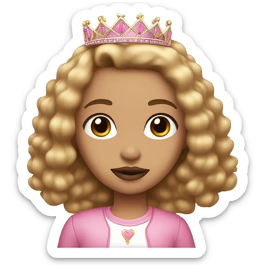 Long straight with curles in the end Light brown hair with blonde highlights female and light skin with brown eyes wearing a crown with baby pink lipstick sticker
