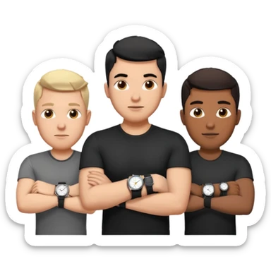 4 different men wearing black strap watches on their wrists portraits, head and shoulders only, watches clearly visible on arms, diverse face shapes and skin tones, 3D cartoon, mobile game icon style, clean background, no text, no watermark
 sticker
