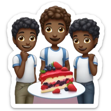 Three black littles boys who eat a trawberry, raspberry and blueberry cake sticker