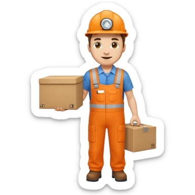 emoji style railway engineer full body in orange overalls, carrying a box with both hands sticker